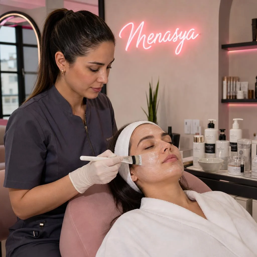 Pembe neon Menasya tabelalı temsili salonda kadın müşterinin yüzüne kozmetik bakım maskesi uygulayan çalışan