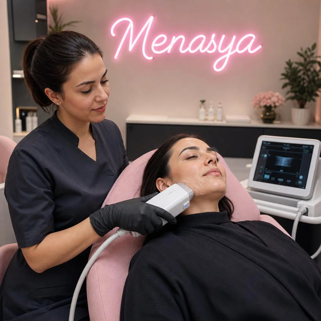 Pembe neon Menasya tabelalı temsili salonda kadın müşterinin çene hattına HIFU cihazıyla bakım uygulayan çalışan