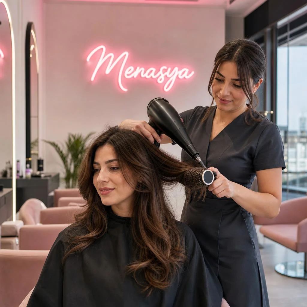 Pembe neon Menasya tabelalı temsili salonda kadın müşterinin saçına fön uygulayan çalışan